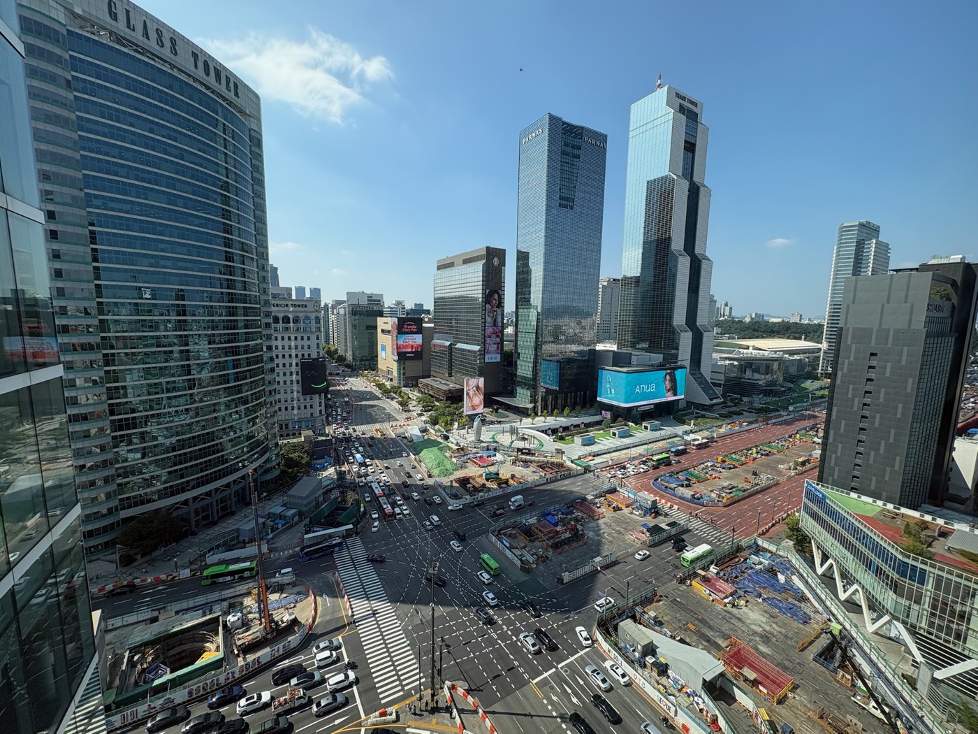 View from the room over a busy Gangnam intersection toward the Trade Tower, Parnas Tower and COEX
