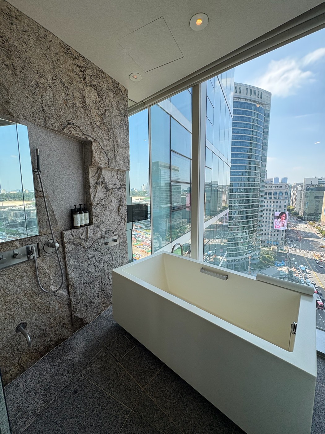 Stone-walled rain shower with a handheld spout next to a deep soaking tub at the window